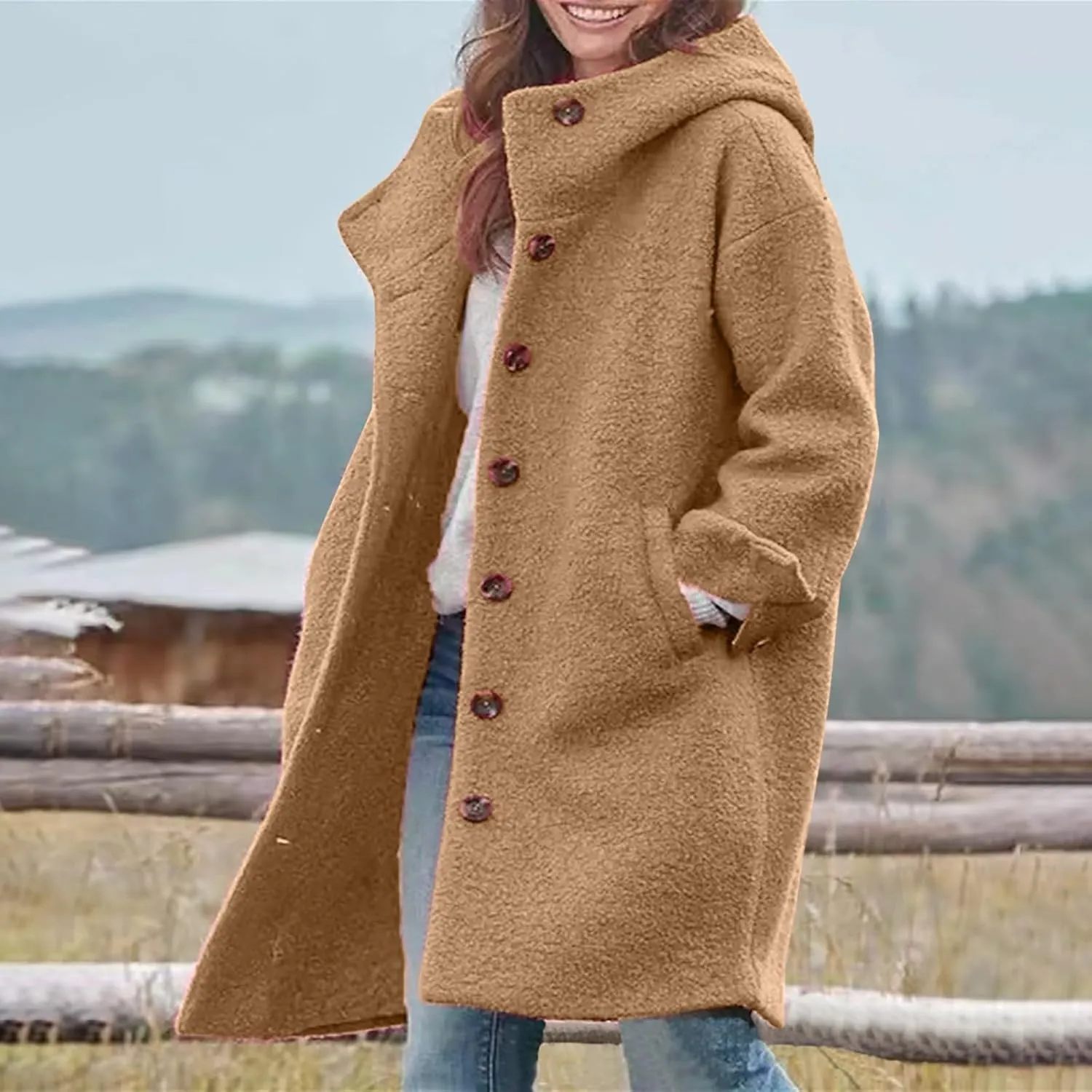 Pea Coats for Women Woolen Long Hooded Coat Fleece Jacket Button Down Winter Warm Outwear Casual Pea Coat with Pocket