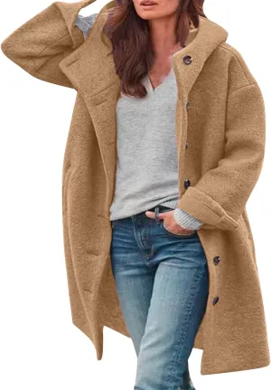 Pea Coats for Women Woolen Long Hooded Coat Fleece Jacket Button Down Winter Warm Outwear Casual Pea Coat with Pocket
