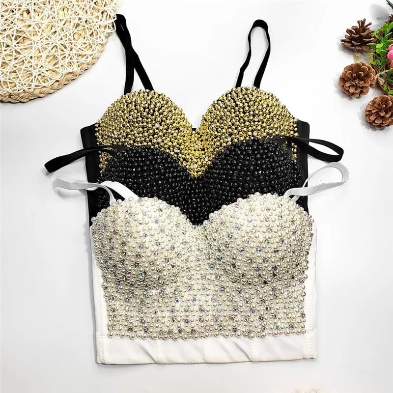Pearl Camisole Short Shaping Top Inner Wear Or Outer Wear, Beaded Diamond Nightclub Tube Top for Women