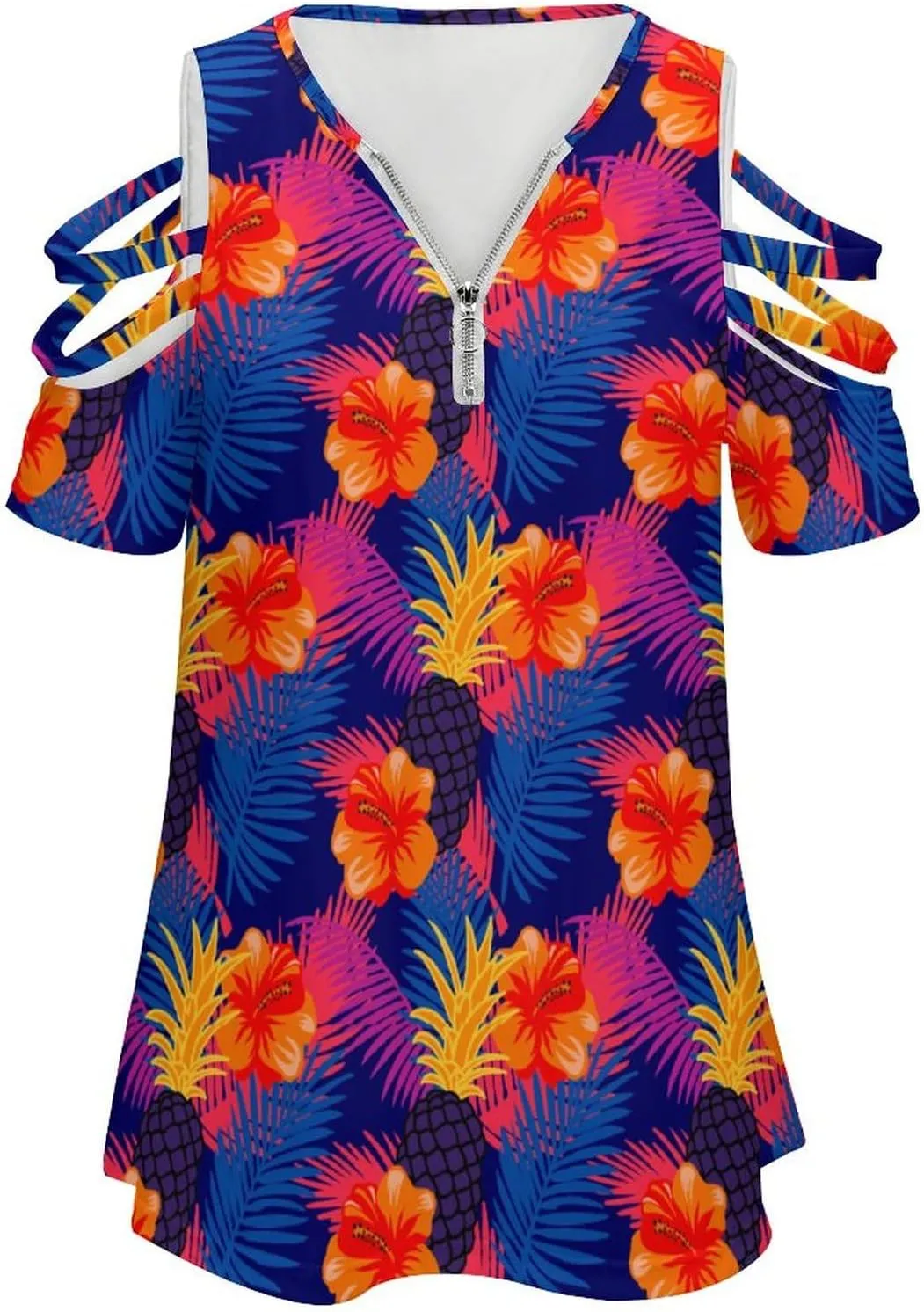 Pineapple Palm-Leaf Flowers BE Zip Off Shoulder Top for Womens Summer Autumn Winter Creativity Top
