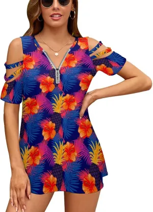 Pineapple Palm-Leaf Flowers BE Zip Off Shoulder Top for Womens Summer Autumn Winter Creativity Top