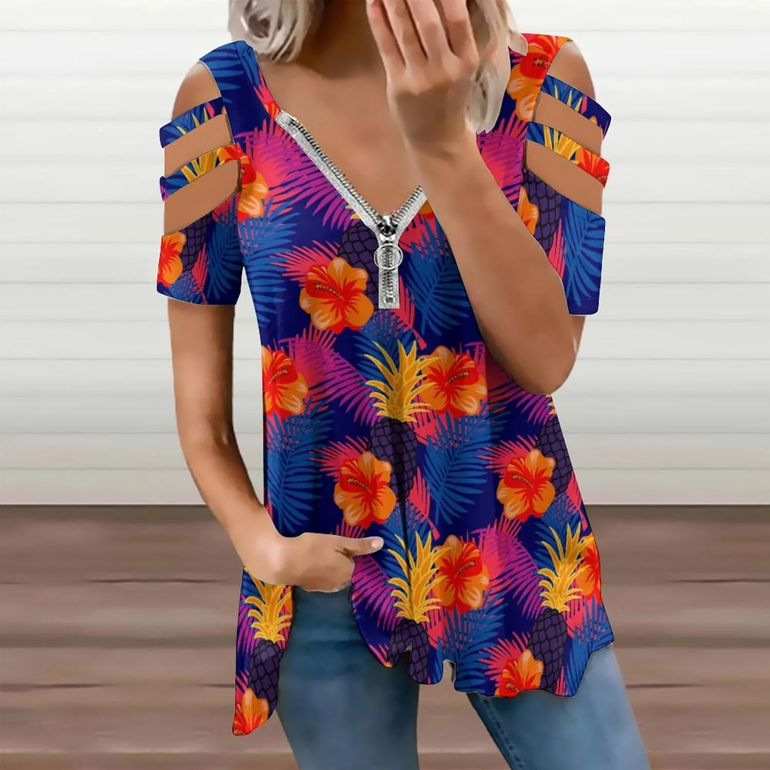 Pineapple Palm-Leaf Flowers BE Zip Off Shoulder Top for Womens Summer Autumn Winter Creativity Top