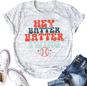 Pingyongchang Hey Batter Swing Tee Shirt Cute Baseball T-Shirt Women Graphic Letter Print Casual Short Sleeve Sports Shirts