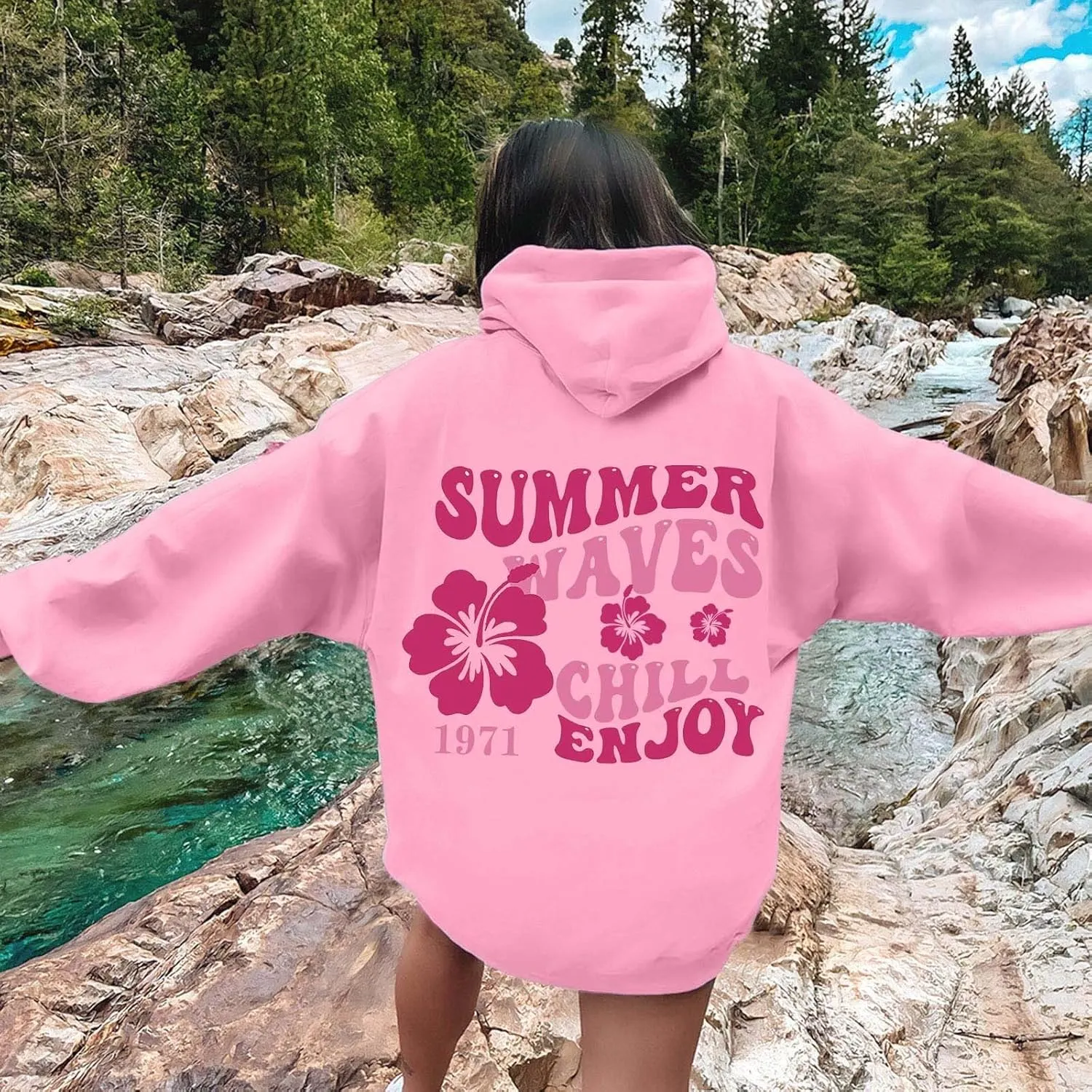 Pink Sweatshirts for Teen Girls Long Sleeve Letter Preppy Casual Graphic Hoodies Cute Oversized Hoodie