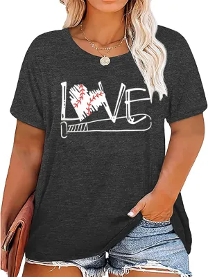 Plus Size Baseball Mom Shirt Women Love Heart Graphic Baseball T Shirt Mothers Day Baseball Gift Short Sleeve Tees