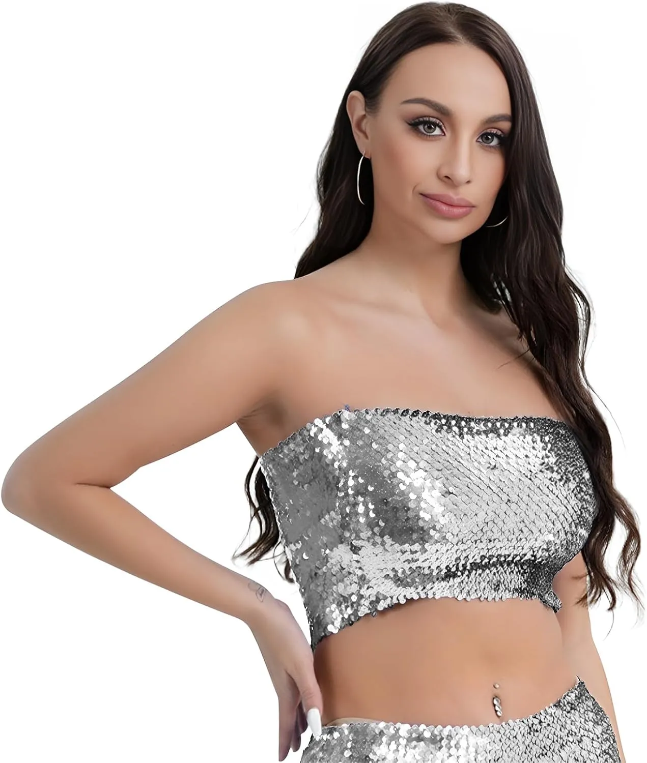 PURFUN Women Sparkly Sequins Crop Top Vintage Rave Camis Dance Top Cosplay Party Music Festival Camisole Night Clubwear