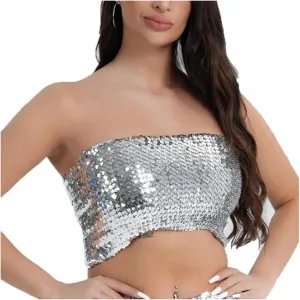PURFUN Women Sparkly Sequins Crop Top Vintage Rave Camis Dance Top Cosplay Party Music Festival Camisole Night Clubwear