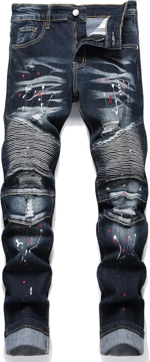 QIMYUM Men's Slim Fit Jeans Ripped Skinny Jeans for Men, Fashion Biker Jeans Stretch Moto Cargo Denim Pants