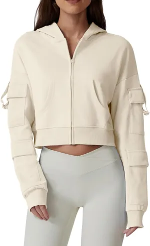 QINSEN Hoodies for Women Full Zip Up Cropped Jacket Long Sleeves with Cargo Pockets Sweatshirts Tops