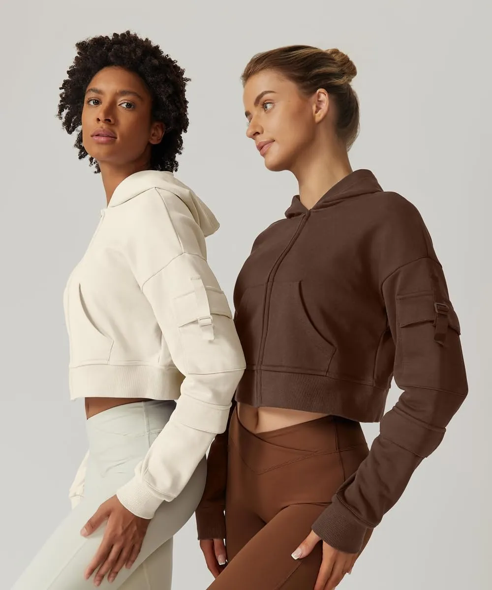 QINSEN Hoodies for Women Full Zip Up Cropped Jacket Long Sleeves with Cargo Pockets Sweatshirts Tops