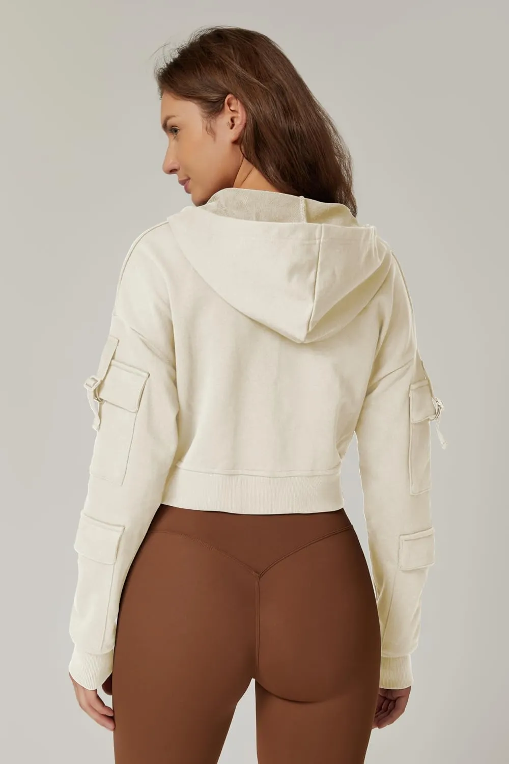 QINSEN Hoodies for Women Full Zip Up Cropped Jacket Long Sleeves with Cargo Pockets Sweatshirts Tops