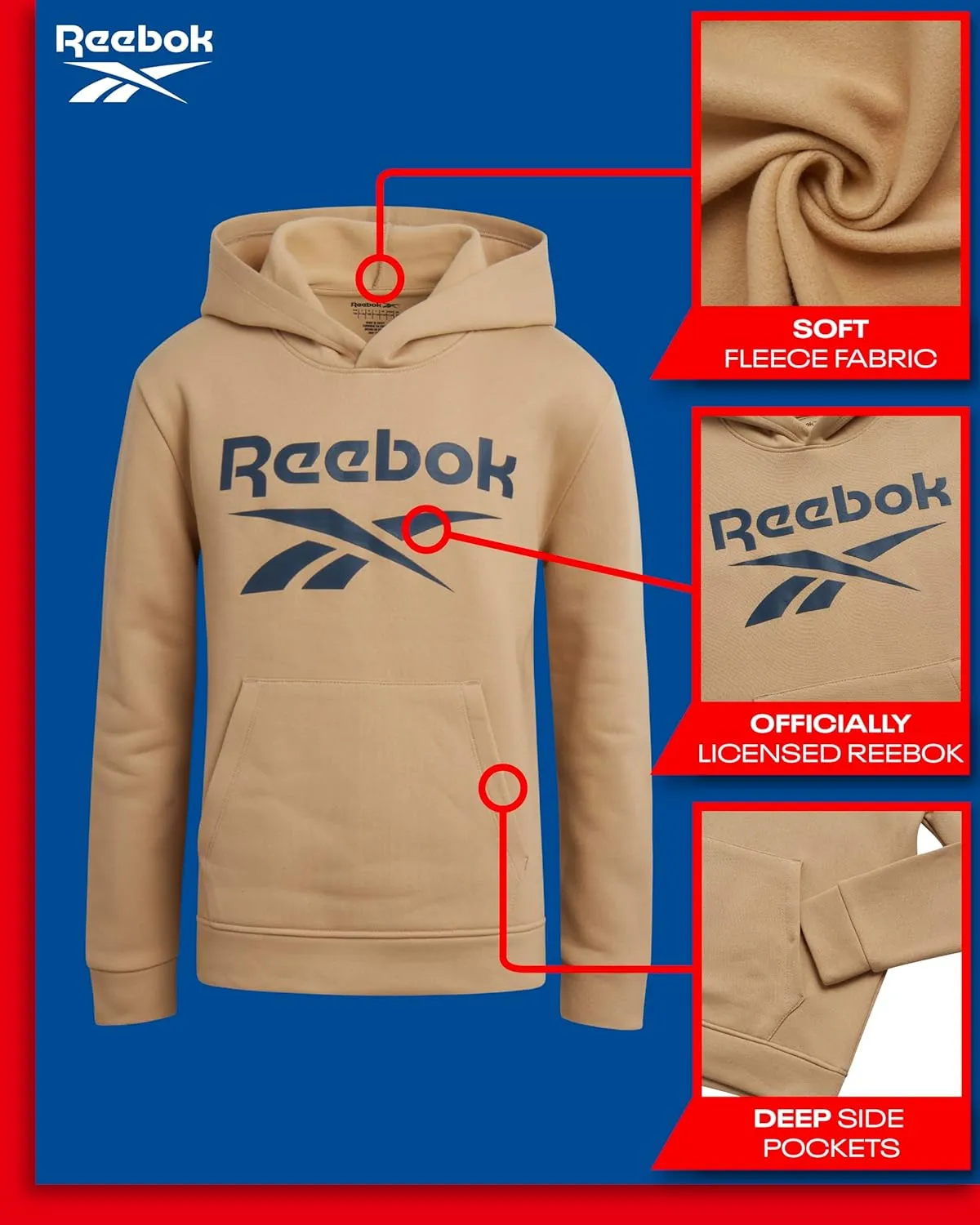 Reebok Boys' Active Sweatshirt - Fleece Pullover Hoodie Sweathsirt - Performance Activewear Sweatshirt for Boys (8-14)