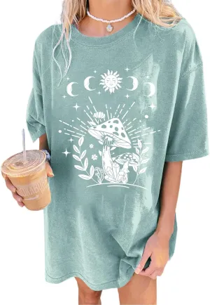 Remidoo Women's Casual Oversized T Shirt Short Sleeve Graphic Tee Letter Sun Moon Shirts