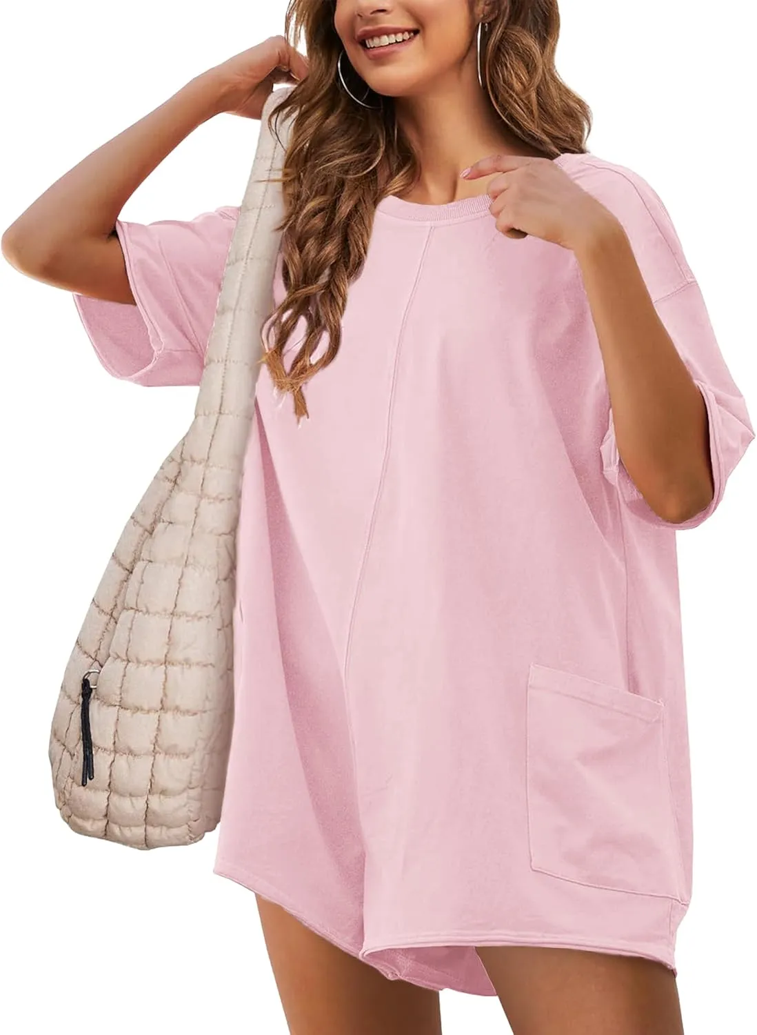 Rompers for Women Hot Shot Tee Romper Casual Short Sleeve Oversized Athletic Workout Reversible Jumpsuit with Pocket