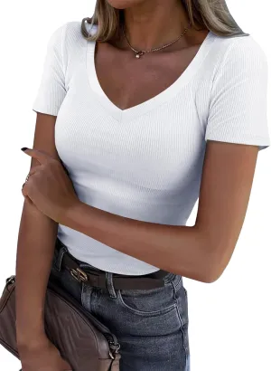 Roselux Women V Neck Ribbed Fitted Tight Tshirt Short Sleeve Shirt Basic Knit Top