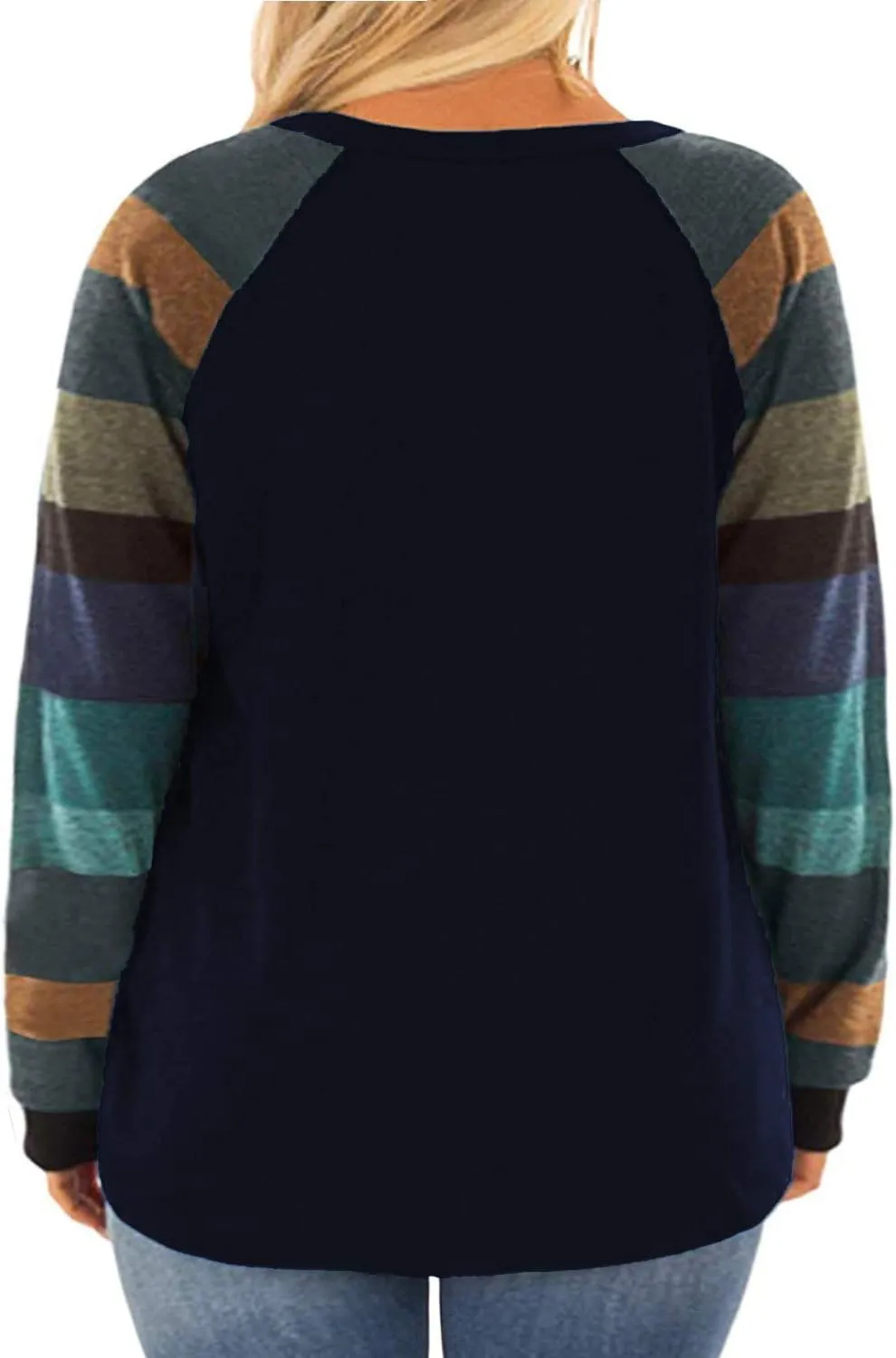 ROSRISS Womens Plus Size Long Sleeve Tunic Crewneck Colorblock Striped Tee Shirt