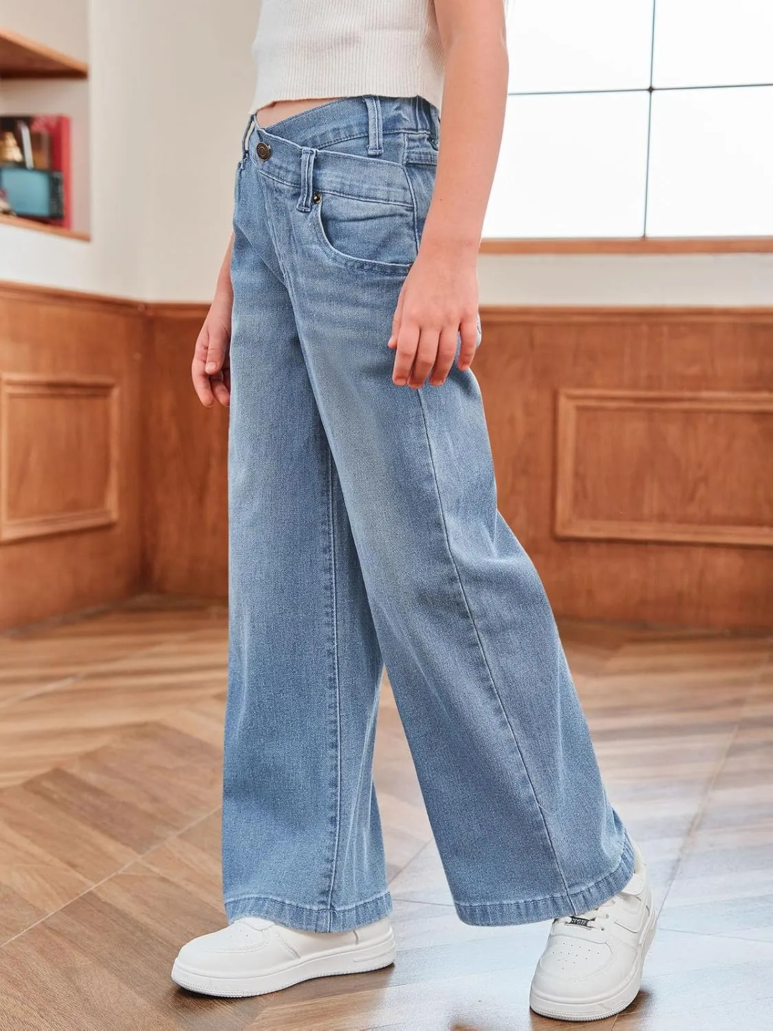 rrhss Girls Flare Jeans Crossover Waisted Wide Leg Jeans Denim Pants for Kids