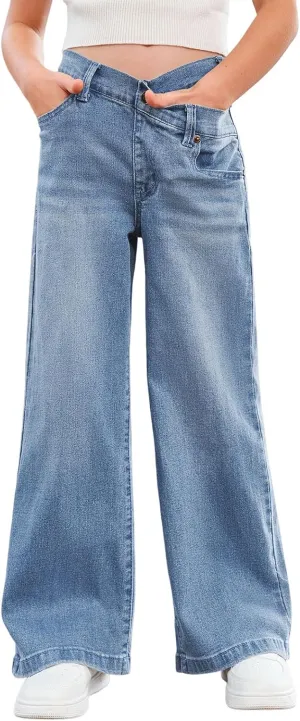 rrhss Girls Flare Jeans Crossover Waisted Wide Leg Jeans Denim Pants for Kids