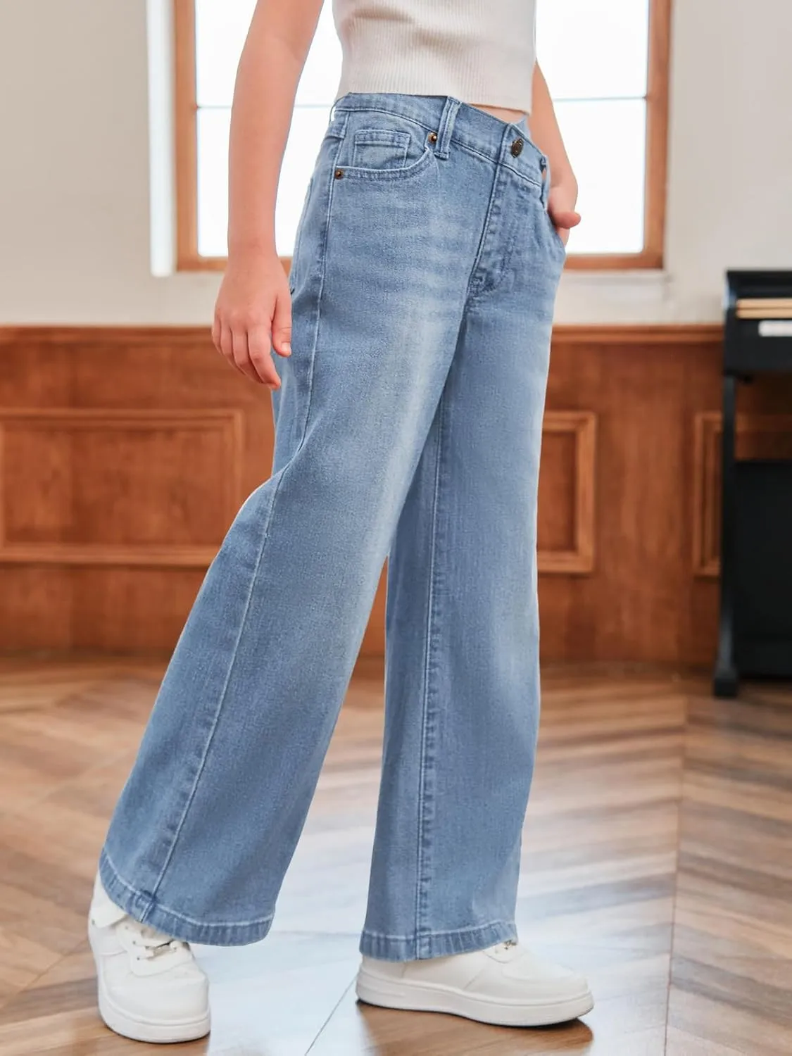 rrhss Girls Flare Jeans Crossover Waisted Wide Leg Jeans Denim Pants for Kids