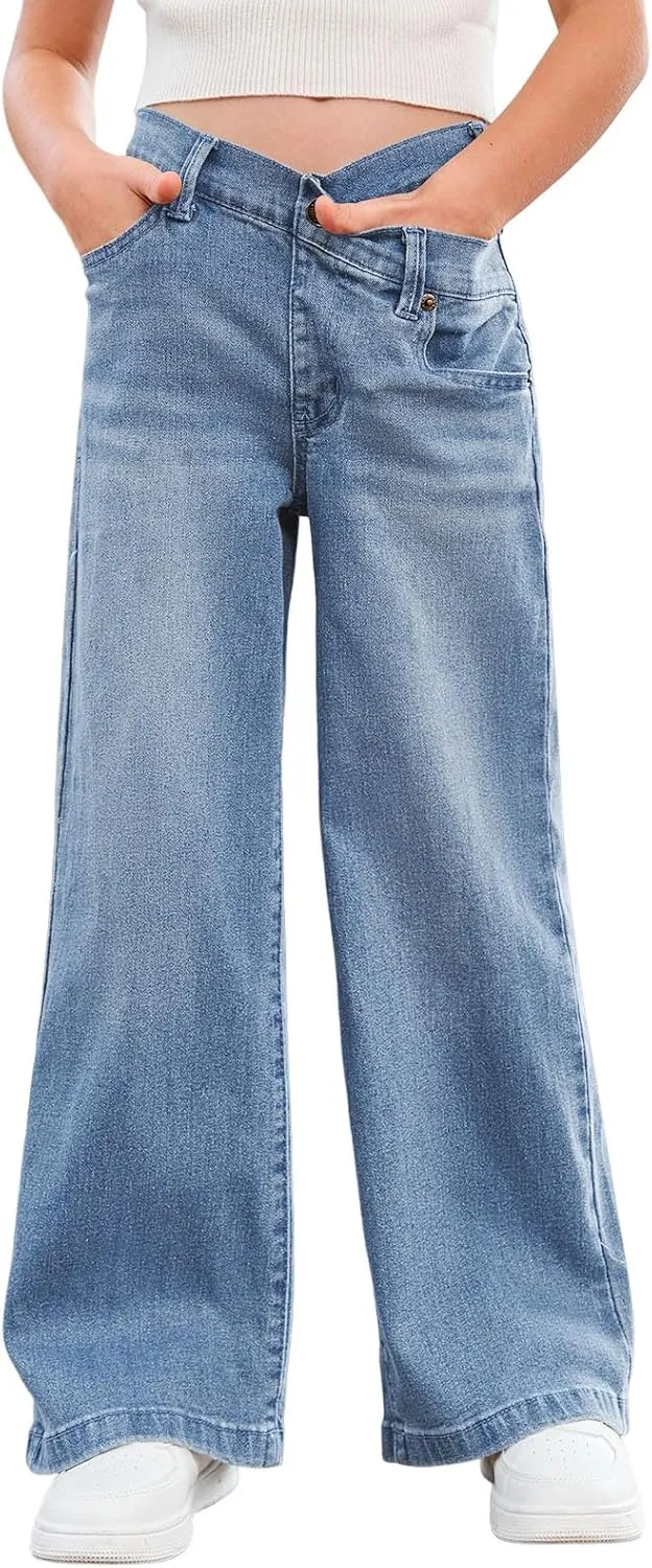 rrhss Girls Flare Jeans Crossover Waisted Wide Leg Jeans Denim Pants for Kids
