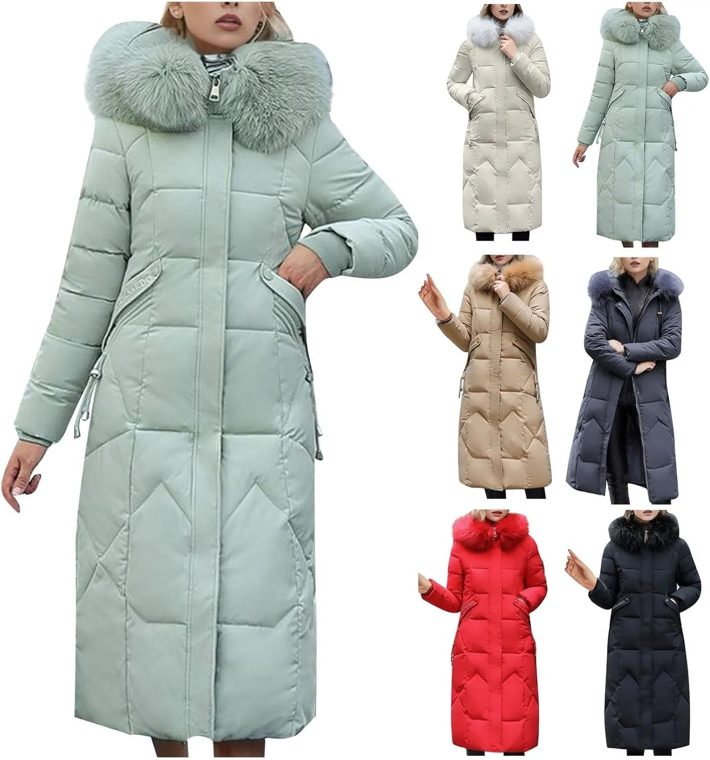 SACFOF Women's Quilted Down Jacket Winter Warm Long Coat Hooded Parka with Fur Collar Thicken Puffer Outwears