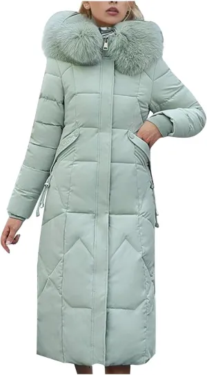 SACFOF Women's Quilted Down Jacket Winter Warm Long Coat Hooded Parka with Fur Collar Thicken Puffer Outwears