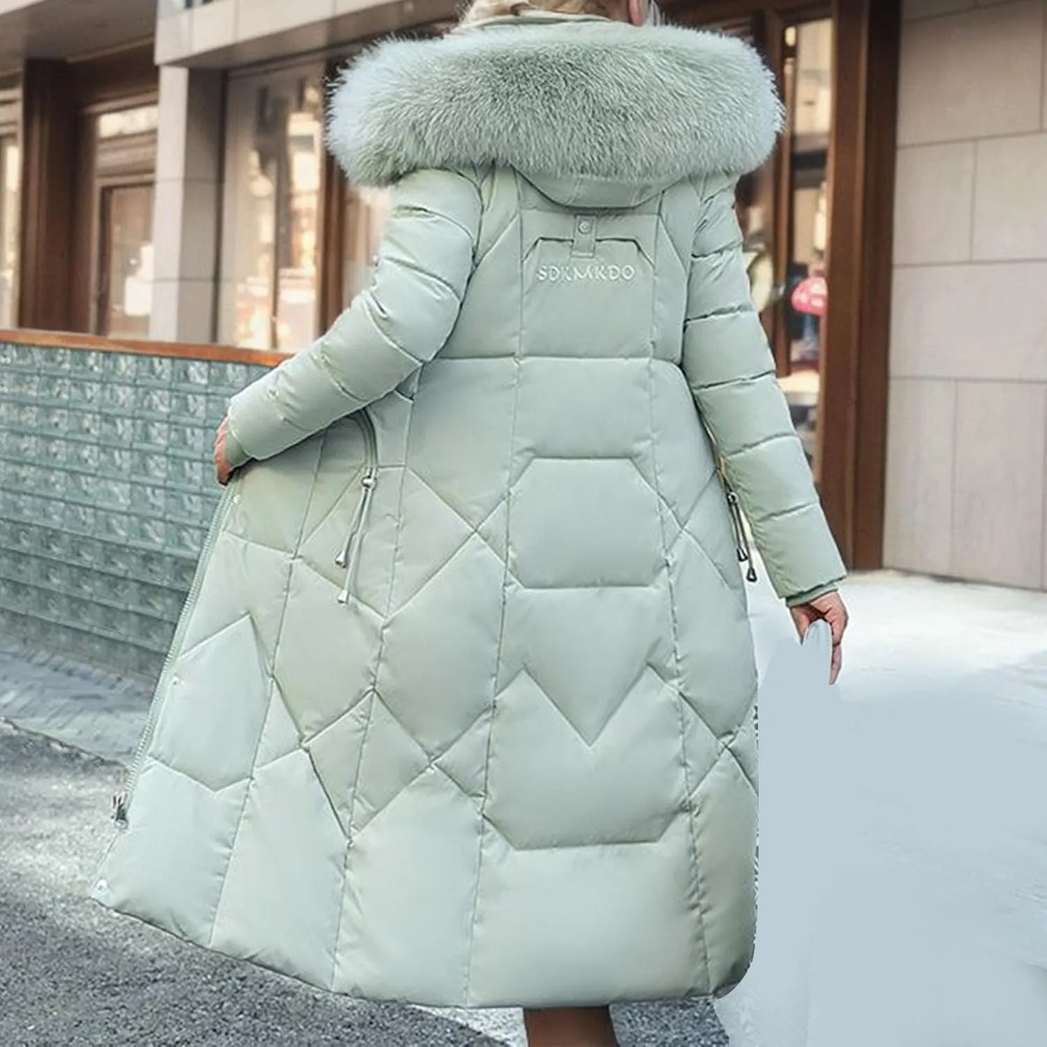SACFOF Women's Quilted Down Jacket Winter Warm Long Coat Hooded Parka with Fur Collar Thicken Puffer Outwears