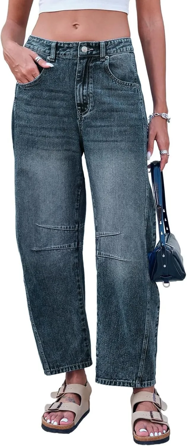 sdbrld Jeans for Women Trendy Mid Rise Barrel Jeans Wide Leg Mid Waist Cropped Denim Pants Baggy Boyfriend Jeans with Pockets