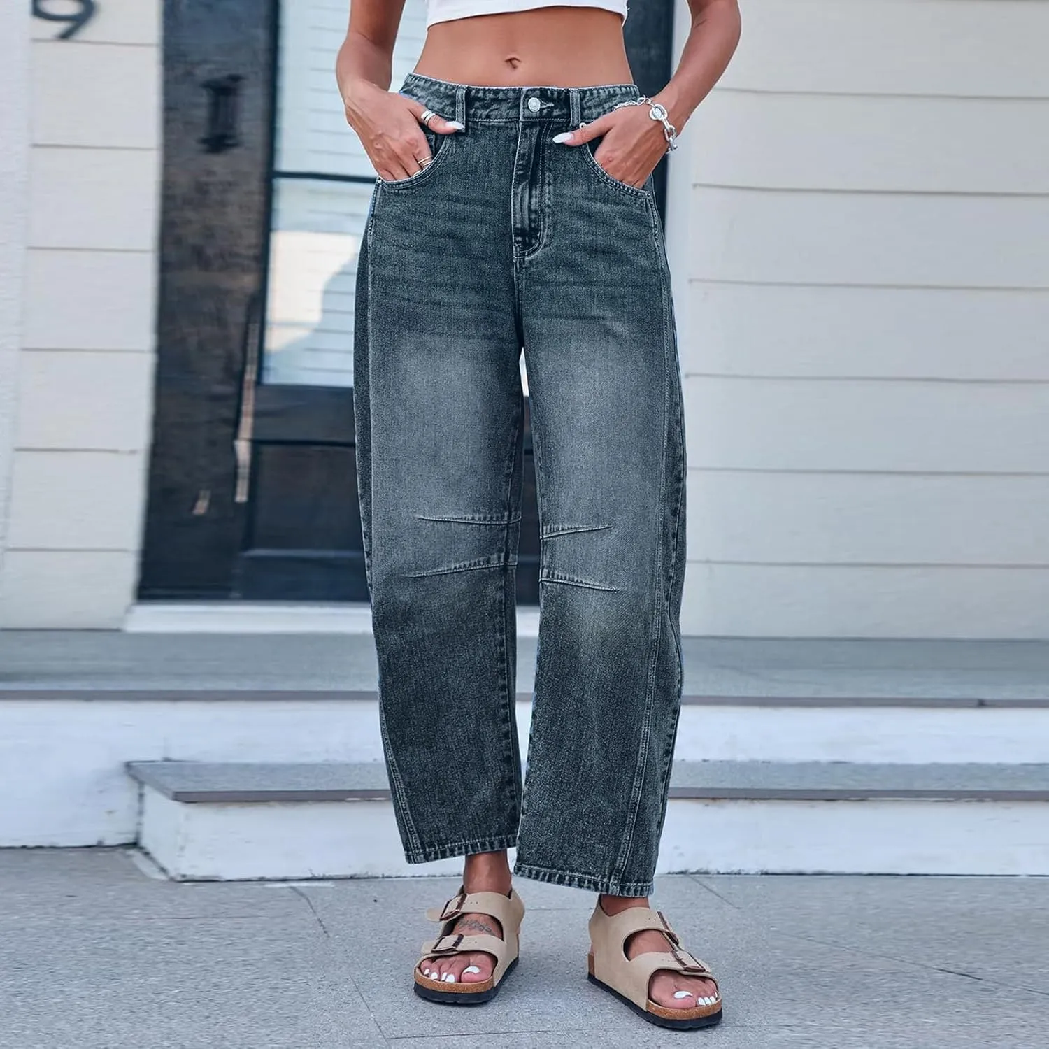 sdbrld Jeans for Women Trendy Mid Rise Barrel Jeans Wide Leg Mid Waist Cropped Denim Pants Baggy Boyfriend Jeans with Pockets