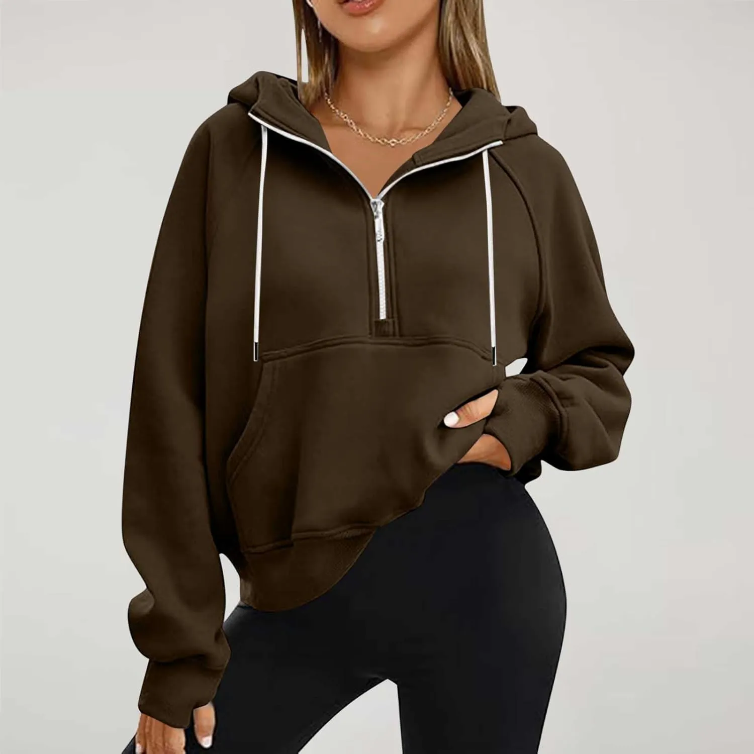 SEAOPEN Half Zip Sweatshirts Women Cropped Hoodies Long Sleeve Drawstring Pullover Top Fall Fleece Jackets with Pocket