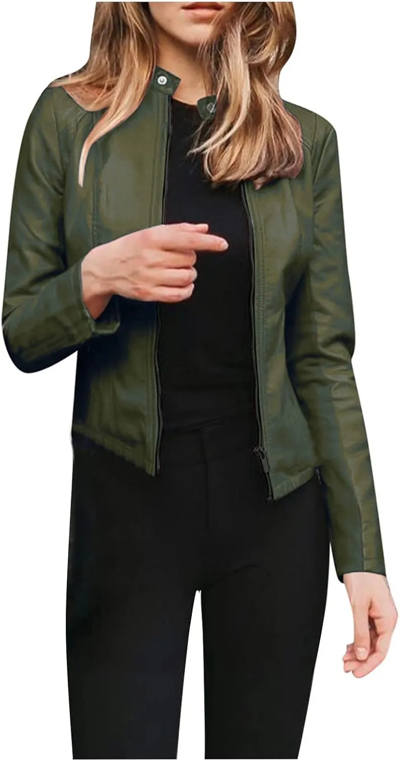 SERYU Leather Jacket for Women Zip Leather Motorcycle Jacket Plus Size Faux Leather Tops Lightweight Short Coat