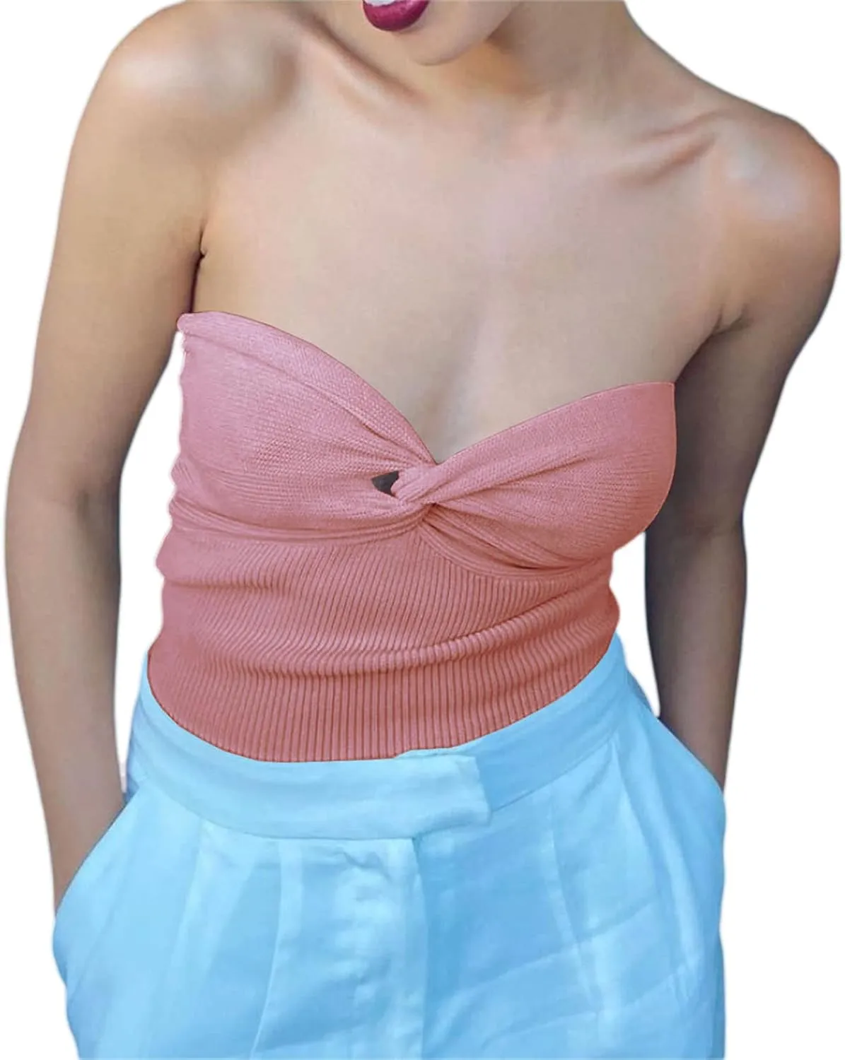 Sexy Strapless Crop Top for Womens Ribbed Knit Sleeveless Y2K Tube Summer Camisole Tank Top Vest Streewear