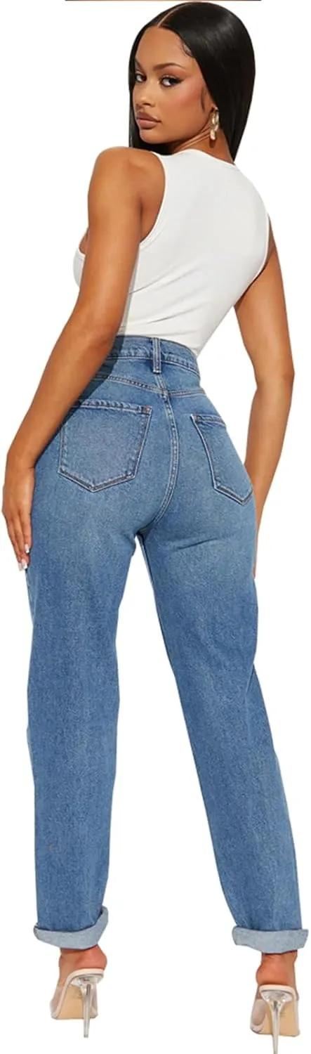 SheKiss Boyfriend Stretchy Jeans for Women - Distressed Frayed High Waisted Trendy Denim Blue Jeans