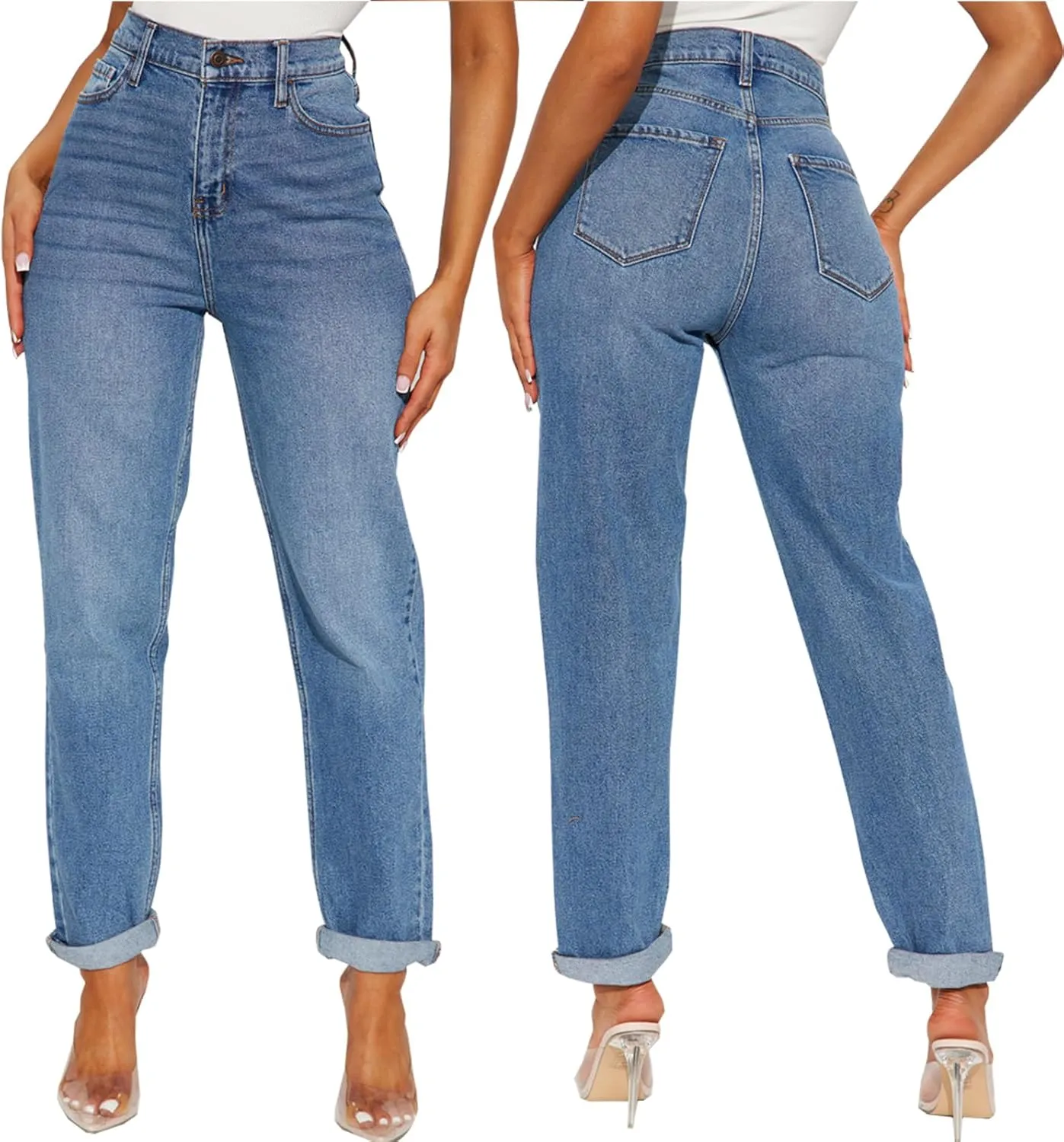SheKiss Boyfriend Stretchy Jeans for Women - Distressed Frayed High Waisted Trendy Denim Blue Jeans