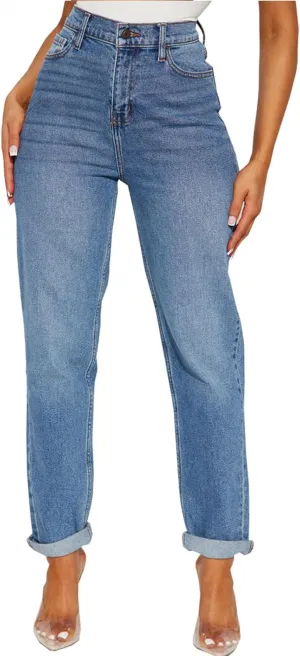 SheKiss Boyfriend Stretchy Jeans for Women - Distressed Frayed High Waisted Trendy Denim Blue Jeans