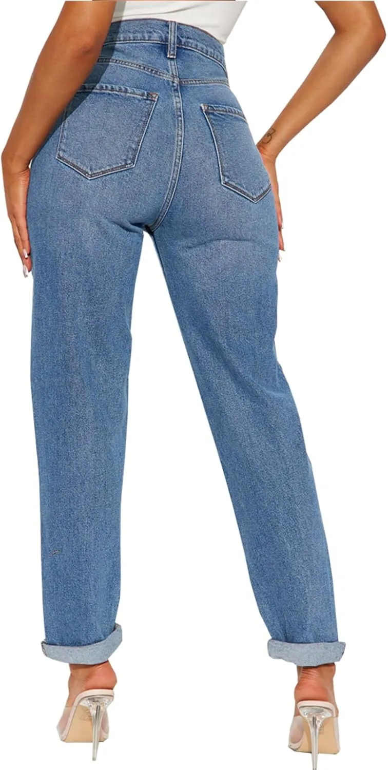 SheKiss Boyfriend Stretchy Jeans for Women - Distressed Frayed High Waisted Trendy Denim Blue Jeans