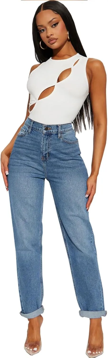SheKiss Boyfriend Stretchy Jeans for Women - Distressed Frayed High Waisted Trendy Denim Blue Jeans