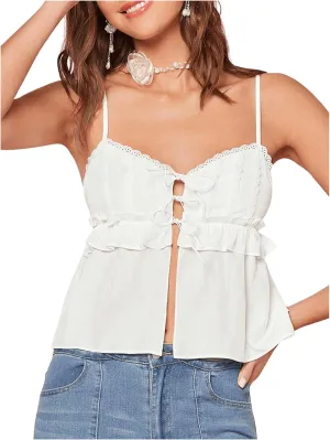 SHENHE Women's Cute Babydoll Tops Bow Tie Ruffle Crop Top Lace Trim Peplum Top Y2K Camisole