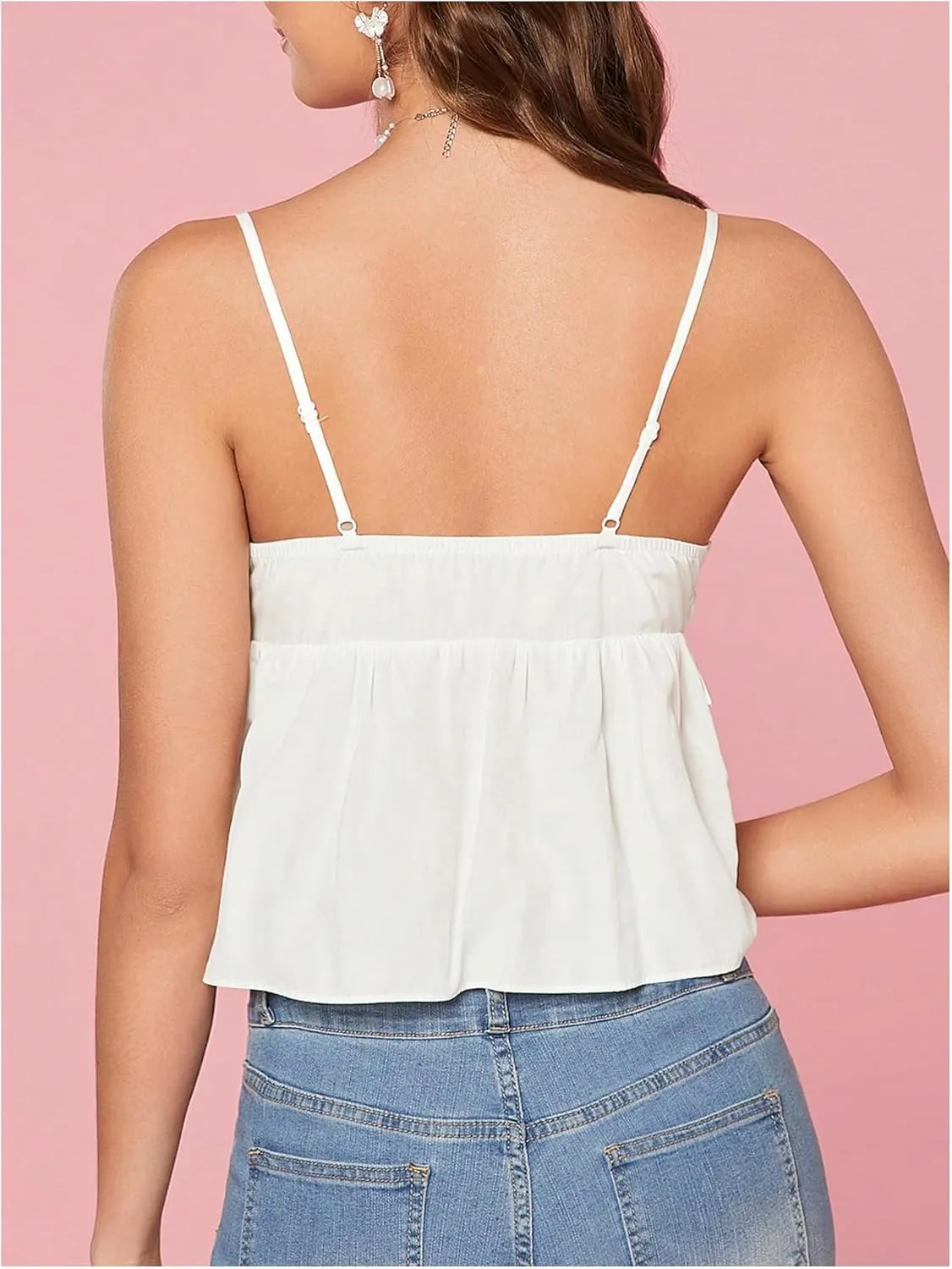 SHENHE Women's Cute Babydoll Tops Bow Tie Ruffle Crop Top Lace Trim Peplum Top Y2K Camisole