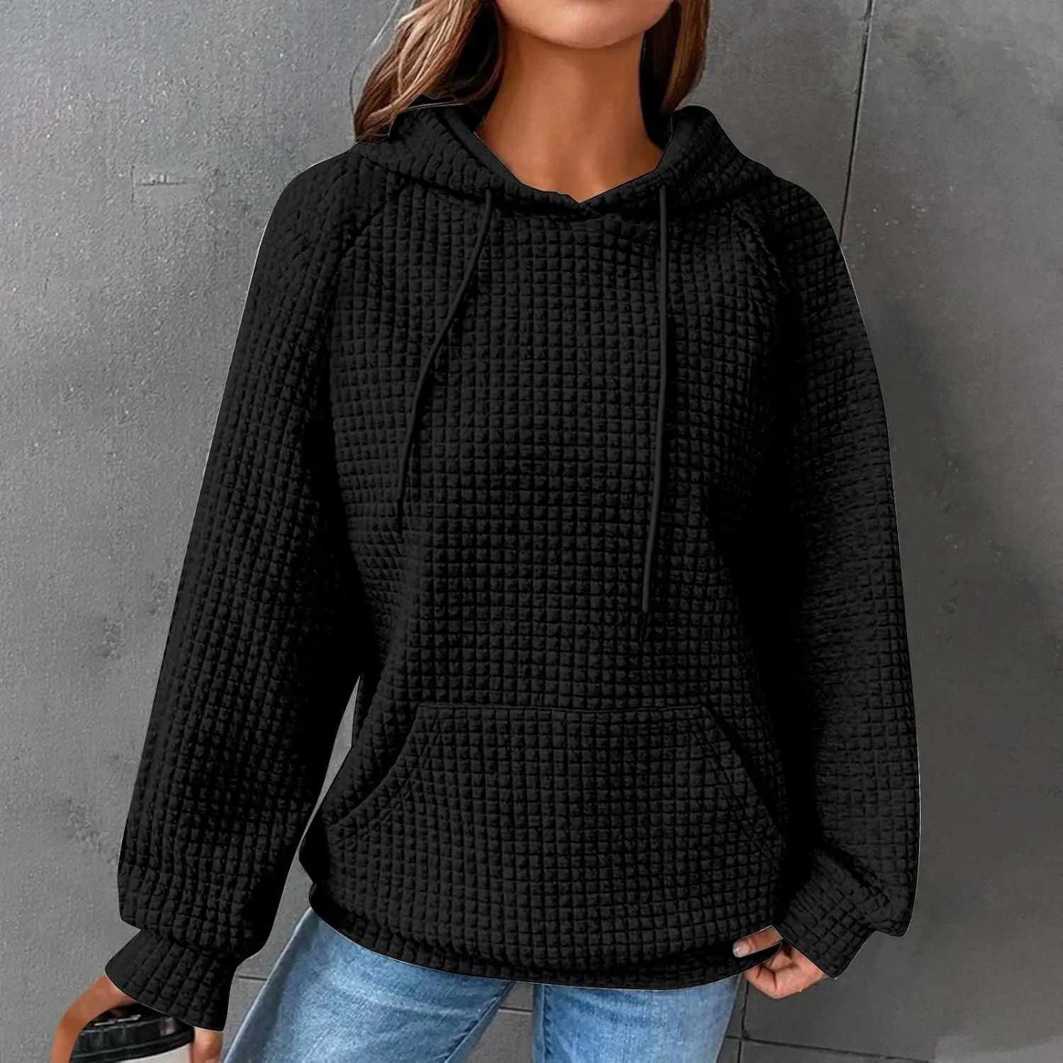 SHOPESSA Women Pullover Hoodie Sweatshirt Waffle-Knit Shacket Hooded Loose Fit Lightweight Jacket Long Sleeve Boyfriend Shirt