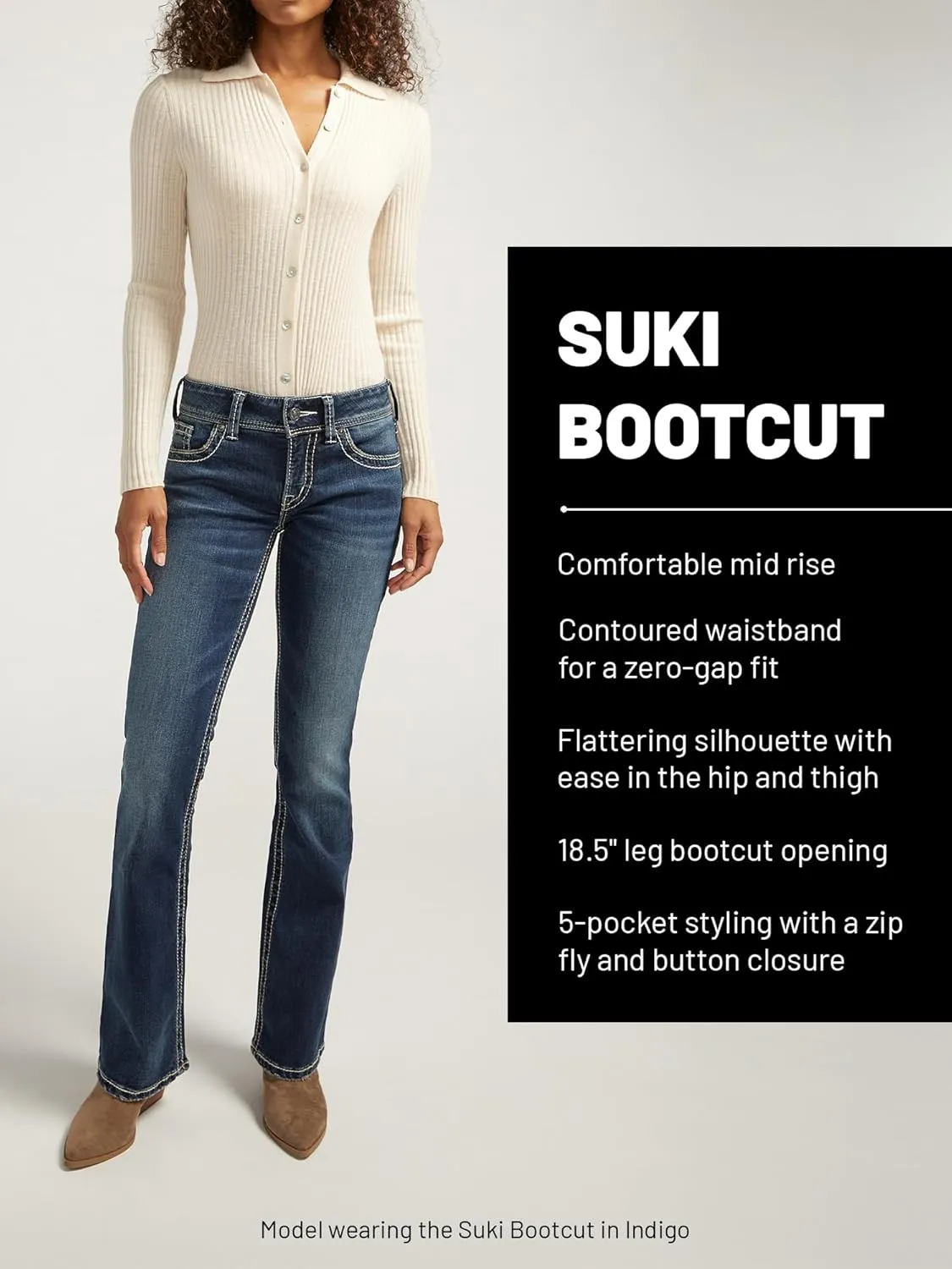 Silver Jeans Co. Women's Suki Mid Rise Curvy Fit Indigo Wash Bootcut Jeans