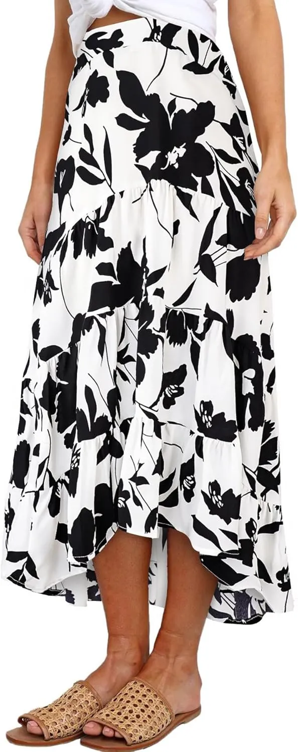SimpleFun Women's Long Skirts Boho Floral Elastic High Waist Asymmetrical Hem Midi Skirt