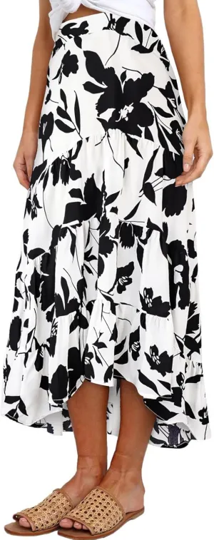 SimpleFun Women's Long Skirts Boho Floral Elastic High Waist Asymmetrical Hem Midi Skirt