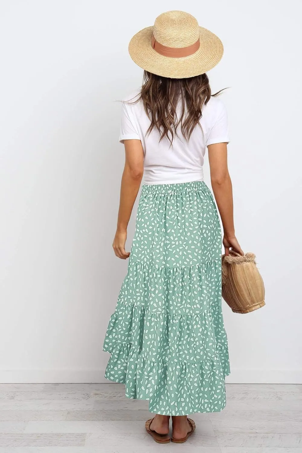 SimpleFun Women's Long Skirts Boho Floral Elastic High Waist Asymmetrical Hem Midi Skirt
