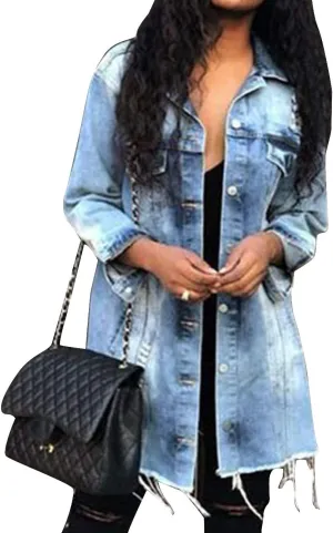 SOMTHRON Women's Distressed Denim Jeans Outfits Coat Spring Fall Ripped Jeans Outerwear Denim Jacket