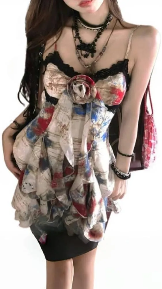 Spaghetti Strap Tank Top Flowy Tops Women Floral Mesh Top Coquette Camisole Tops Y2k Fairy Grunge Clothes 2000s