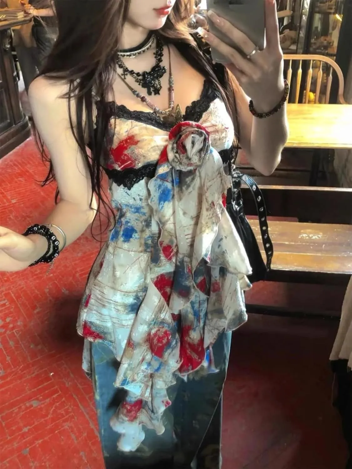 Spaghetti Strap Tank Top Flowy Tops Women Floral Mesh Top Coquette Camisole Tops Y2k Fairy Grunge Clothes 2000s