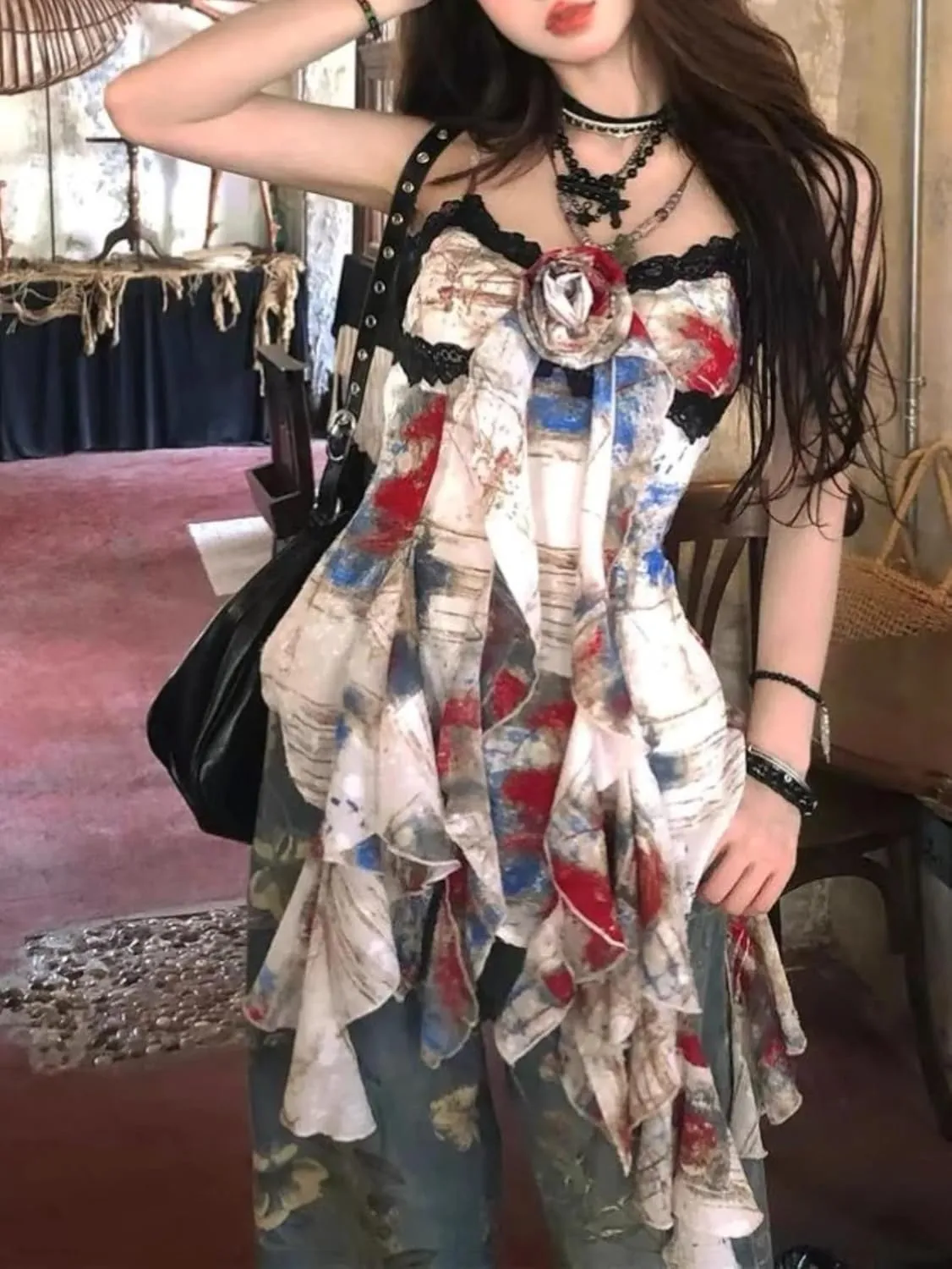 Spaghetti Strap Tank Top Flowy Tops Women Floral Mesh Top Coquette Camisole Tops Y2k Fairy Grunge Clothes 2000s