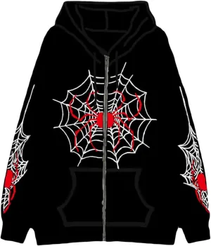 Spider Zip Up Hoodie for Women Y2K Gothic Grunge Long Sleeve Vintage Graphic Oversized Zipper Aesthetic Sweatshirt