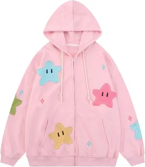 Sunwittafy Y2k Zip Up Hoodie for Women Men Star Graphic Oversized Sweatshirt Aesthetic Punk Jacket Vintage Streetwear